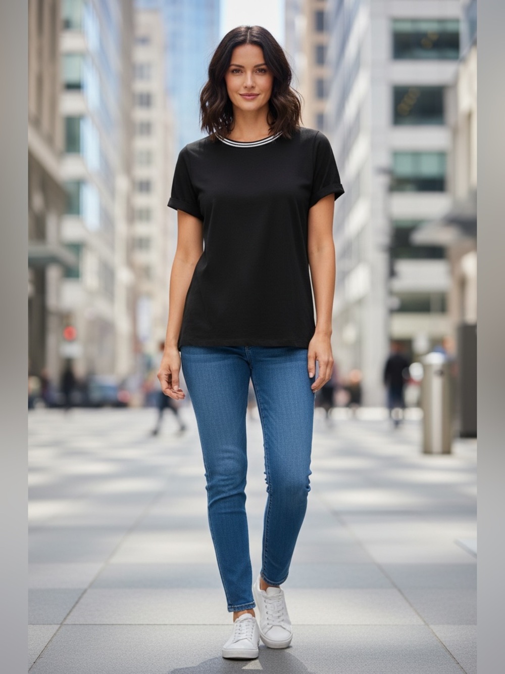 Banana Republic Black Short-Sleeve Crewneck Top with Striped Trim
